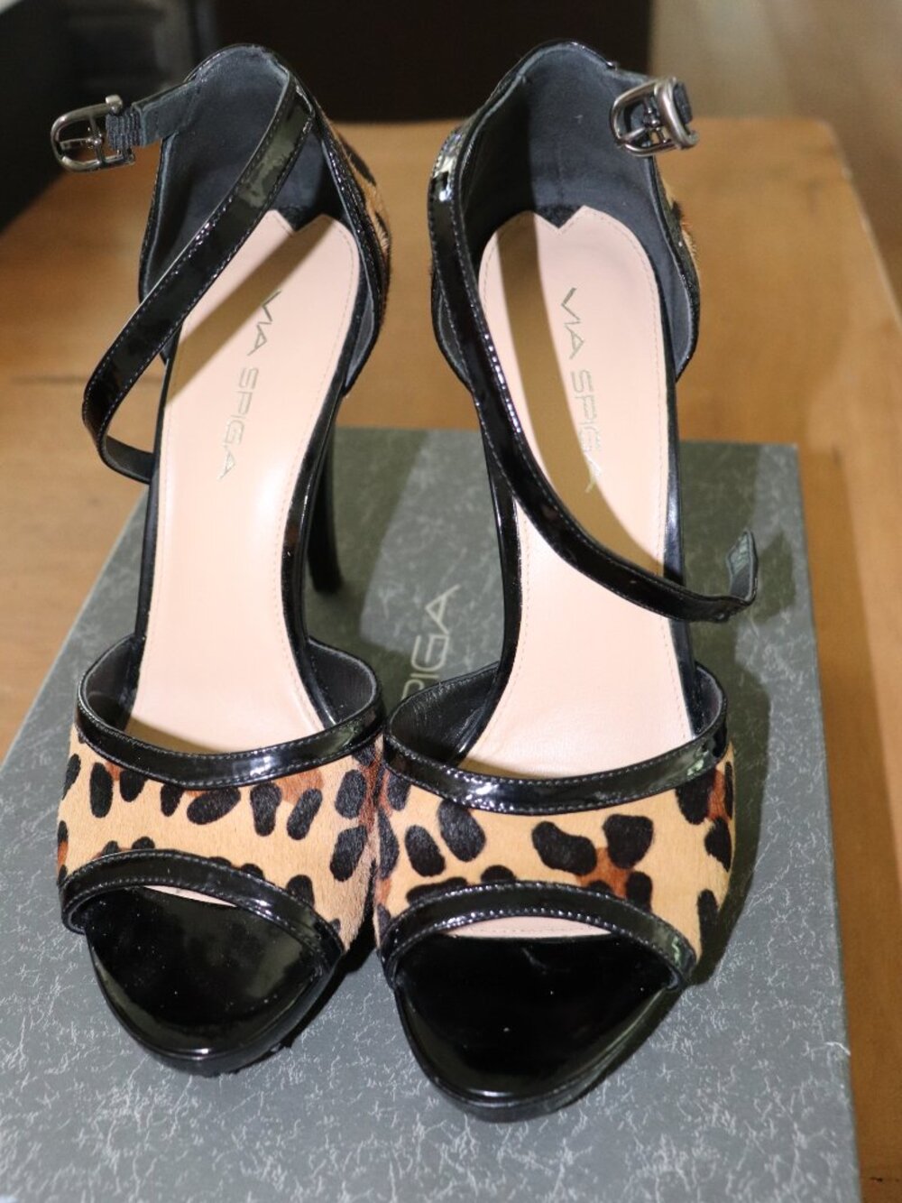 Via Spiga Leopard Print Patent Leather Stiletto Heels